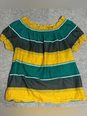 Mossimo Supply Co Striped Off Shoulder Blouse L Teal Boho Y2K Retro Cotton L